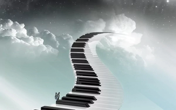 A surreal HD wallpaper featuring a winding piano keyboard ascending into a dreamy sky, surrounded by clouds, blending music and imagination.