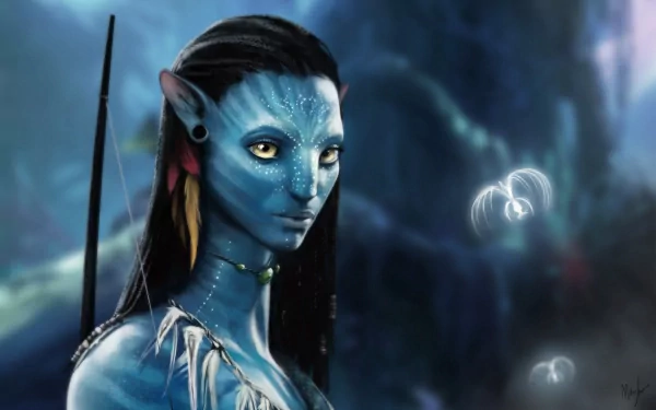 HD PC desktop wallpaper featuring a close-up of a blue-skinned Na'vi character from the movie Avatar against a glowing, mystical forest background.