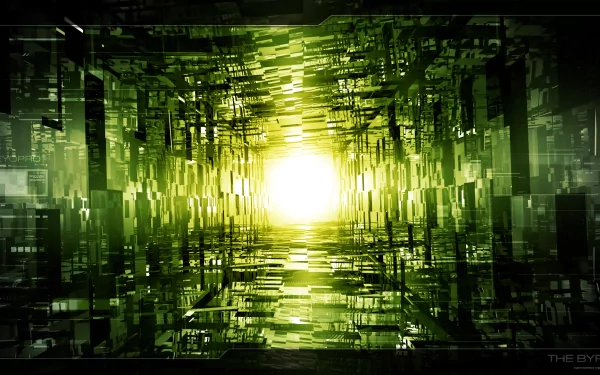 Abstract green digital tunnel with glowing light at the center, creating a futuristic and immersive atmosphere in an HD PC desktop wallpaper background.