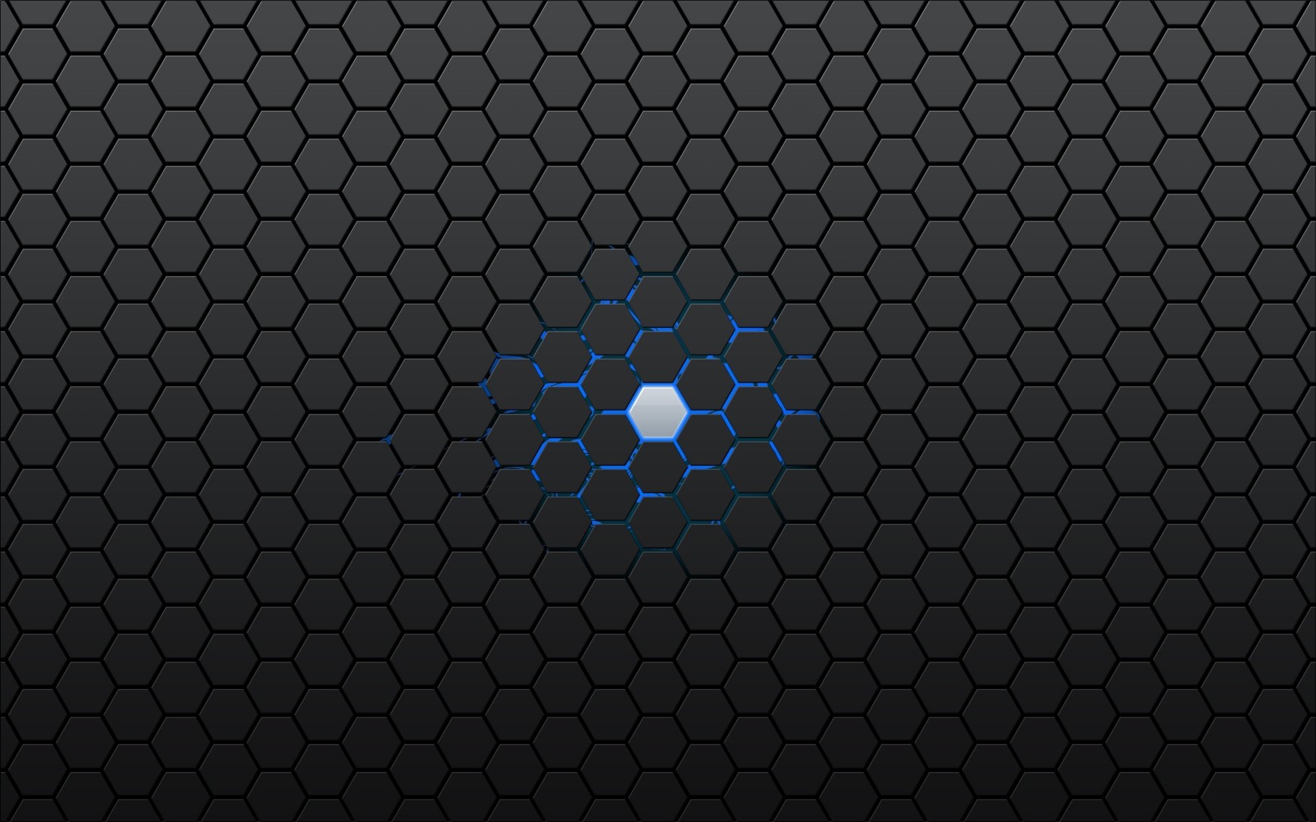 Abstract HD wallpaper featuring a hexagonal pattern with a blue-tinted center on a dark background, creating a modern and stylish desktop backdrop.