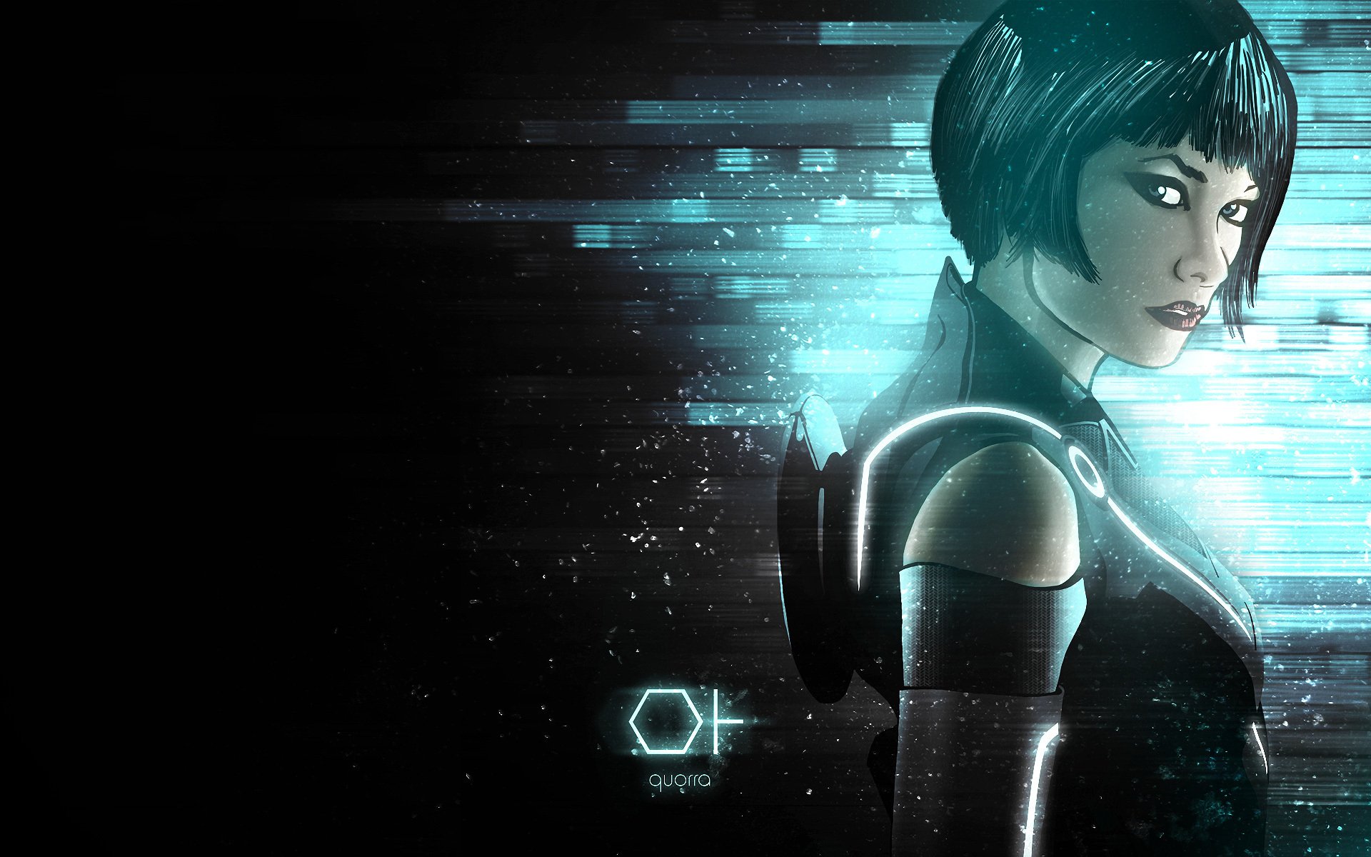 HD PC desktop wallpaper featuring a stylized character from the movie TRON: Legacy with glowing futuristic elements and a dark, digital-themed background.