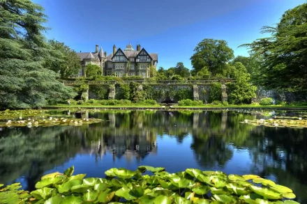 A stunning HD wallpaper featuring a majestic man-made castle surrounded by lush greenery and serene waters, reflecting the vibrant blue sky above and lily pads in the foreground.