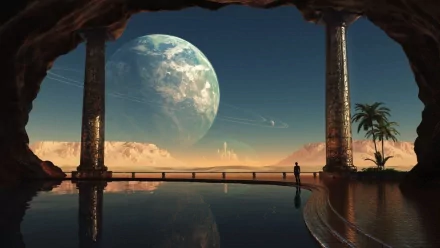 A stunning HD wallpaper featuring a sci-fi castle set against a distant planet, with towering columns and serene water, providing a captivating glimpse of an otherworldly landscape.
