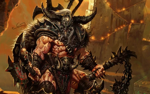 HD PC desktop wallpaper featuring the Barbarian character from the video game Diablo III, showcasing a fierce warrior in dark, horned armor amid a fiery, battle-scarred backdrop.