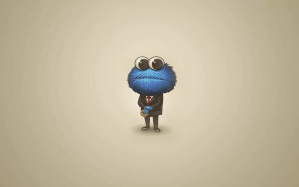 Sesame Street's Cookie Monster as a HD desktop wallpaper, standing with a cookie on a plain beige background.