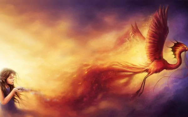A fantasy scene features a majestic phoenix surrounded by vibrant flames and fire, with a girl reaching towards it, creating a stunning HD desktop wallpaper and background.