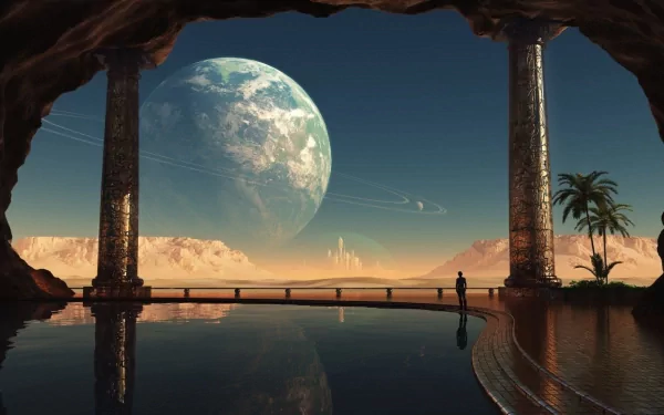 A stunning HD wallpaper featuring a sci-fi castle set against a distant planet, with towering columns and serene water, providing a captivating glimpse of an otherworldly landscape.