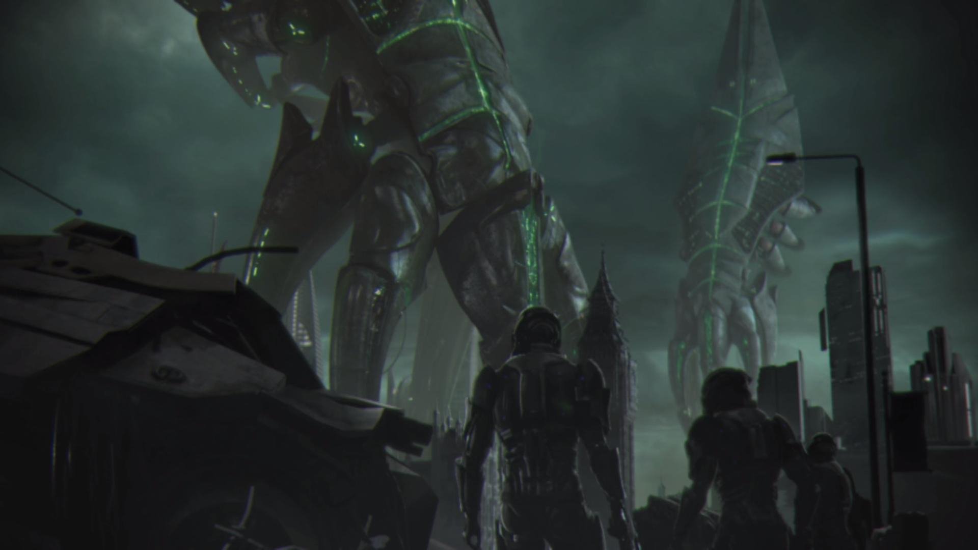 Mass Effect 3 video game HD PC desktop wallpaper and background: silhouetted soldiers face towering Reaper machines over a ruined city beneath a green, stormy sky.