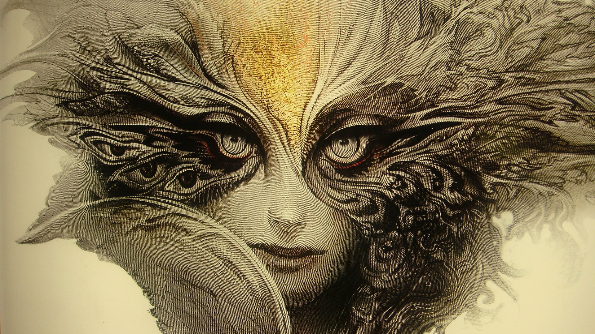 HD fantasy desktop wallpaper featuring a mysterious woman with intricate, nature-inspired markings blending into her face and feathers.