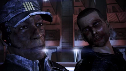 HD PC desktop wallpaper from the video game Mass Effect 3: Commander Shepard and an older officer, bruised and wary, stand in a dim, blue-lit ship corridor.