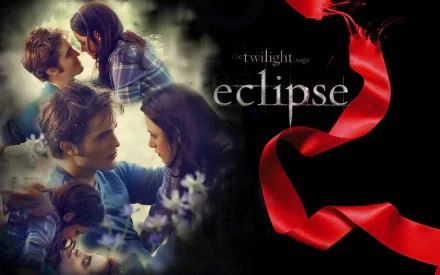 A visually striking wallpaper featuring Robert Pattinson as Edward Cullen and Kristen Stewart as Bella Swan from The Twilight Saga: Eclipse, accentuated by a decorative red ribbon.