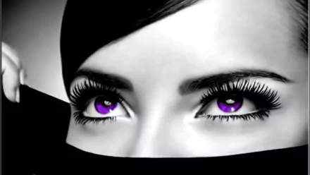 A striking close-up of a woman's eyes, featuring long lashes and vibrant purple irises, set against a monochrome background, creating an eye-catching HD desktop wallpaper.