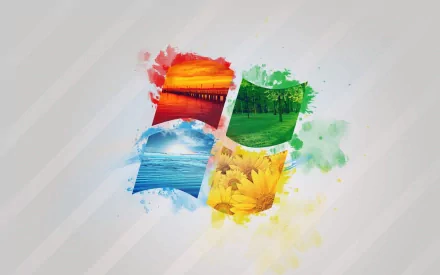 HD desktop wallpaper featuring the iconic Windows logo with vibrant nature-themed colors and scenes integrated into each section. Tags: technology, Windows.