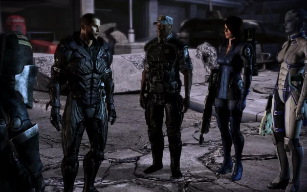 HD PC desktop wallpaper from Mass Effect 3 featuring Commander Shepard, Liara T'Soni, Ashley Williams, and other characters in a somber, futuristic setting.