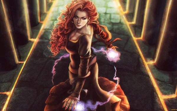 A powerful sorceress dominates the scene, surrounded by ethereal energy amid a magical backdrop. This HD fantasy wallpaper captures the essence of magic and enchantment.