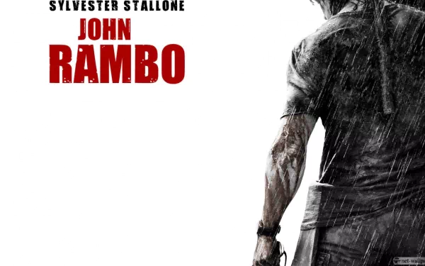 HD desktop wallpaper featuring the iconic character John Rambo, portrayed by Sylvester Stallone, with the name Rambo prominently displayed in bold red letters.