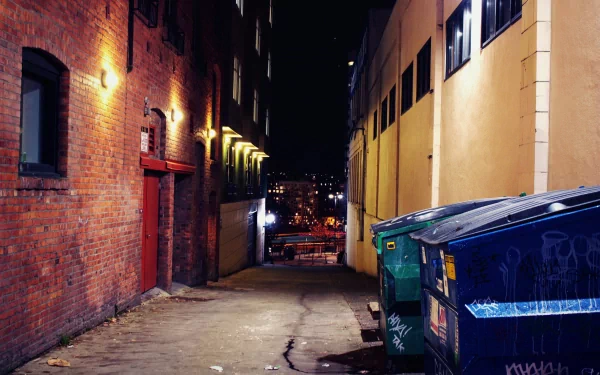 HD PC desktop wallpaper of a quiet, dimly lit man-made alley at night, featuring brick and plaster walls with trash bins along the right side.