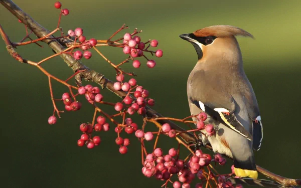 A cedar waxwing perched on a branch with clusters of red berries against a soft green background, captured in HD for a clear desktop wallpaper.
