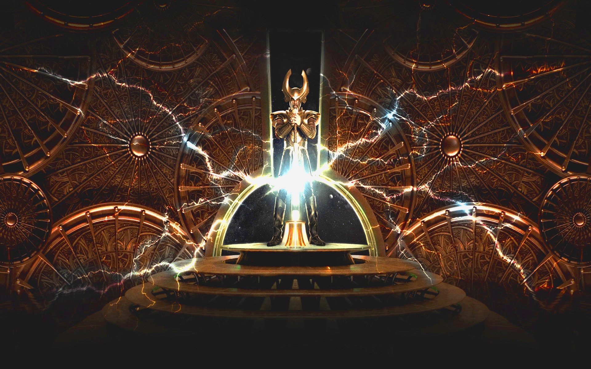 A striking HD desktop wallpaper featuring a powerful figure amidst swirling lightning, inspired by the movie Thor. The ornate background enhances the dramatic scene.
