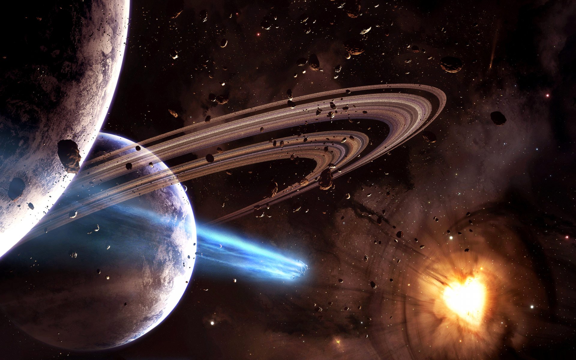 HD sci-fi desktop wallpaper showing a vibrant planetary ring system with multiple planets and a glowing star in deep space.