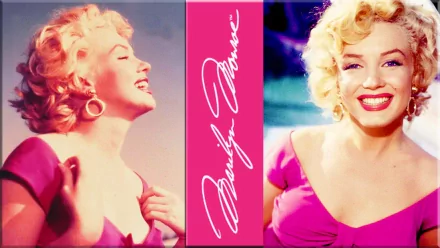 HD desktop wallpaper featuring a glamorous portrayal of Marilyn Monroe with her signature blonde curls and lively smile, accentuated by her elegant pink outfits.