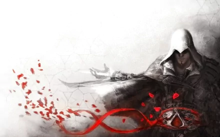 Assassin's Creed II video game 2K Quad HD PC desktop wallpaper: hooded assassin in white cloak with hidden blade, red petals and emblem sweeping across a textured white background.