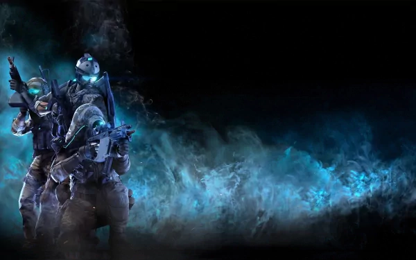 HD PC desktop wallpaper featuring armed soldiers from the video game Tom Clancy's Ghost Recon Phantoms emerging from a smoky blue background.