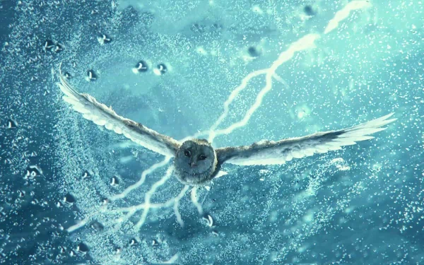 HD PC desktop wallpaper featuring a dramatic scene from the movie Legend of the Guardians: The Owls of Ga'Hoole with an owl flying through water and lightning.
