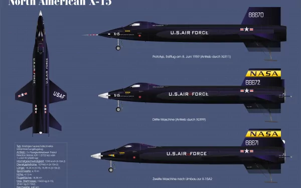 Detailed 4K Ultra HD desktop wallpaper showcasing North American X-15 military aircraft profiles with U.S. Air Force and NASA markings.