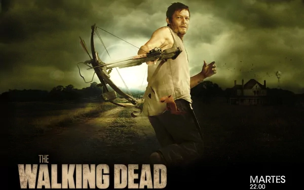 HD desktop wallpaper of Daryl Dixon (Norman Reedus) from The Walking Dead, holding a crossbow against a dark, moody background.