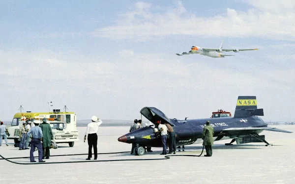 HD desktop wallpaper featuring the North American X-15 military aircraft on the ground with personnel and a NASA support plane in the background.