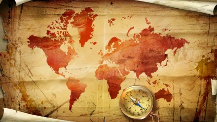 Vintage-style world map with warm sepia tones and a brass compass, rendered in 4K Ultra HD as a detailed PC desktop wallpaper and background.