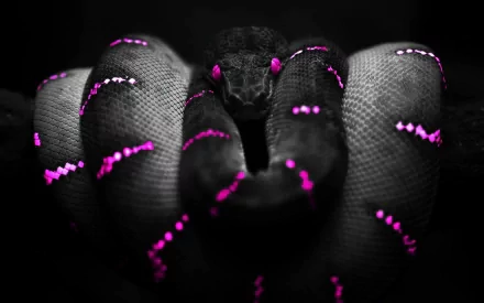 HD PC desktop wallpaper featuring a close-up of a black snake with glowing purple markings coiled in a dark, dramatic setting.