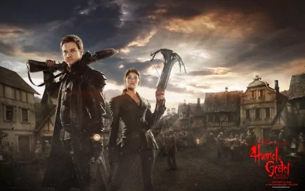 HD desktop wallpaper featuring Gemma Arterton and Jeremy Renner as the lead characters in the movie Hansel & Gretel: Witch Hunters against a dark, stormy village backdrop.