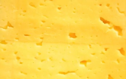 HD PC desktop wallpaper showing a close-up food image of yellow Swiss-style cheese texture with scattered holes.