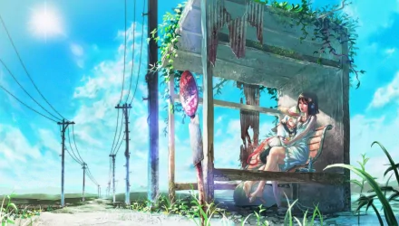 Anime original HD PC desktop wallpaper depicting a serene, sunlit bus stop with two characters sharing a quiet moment amidst overgrown greenery.