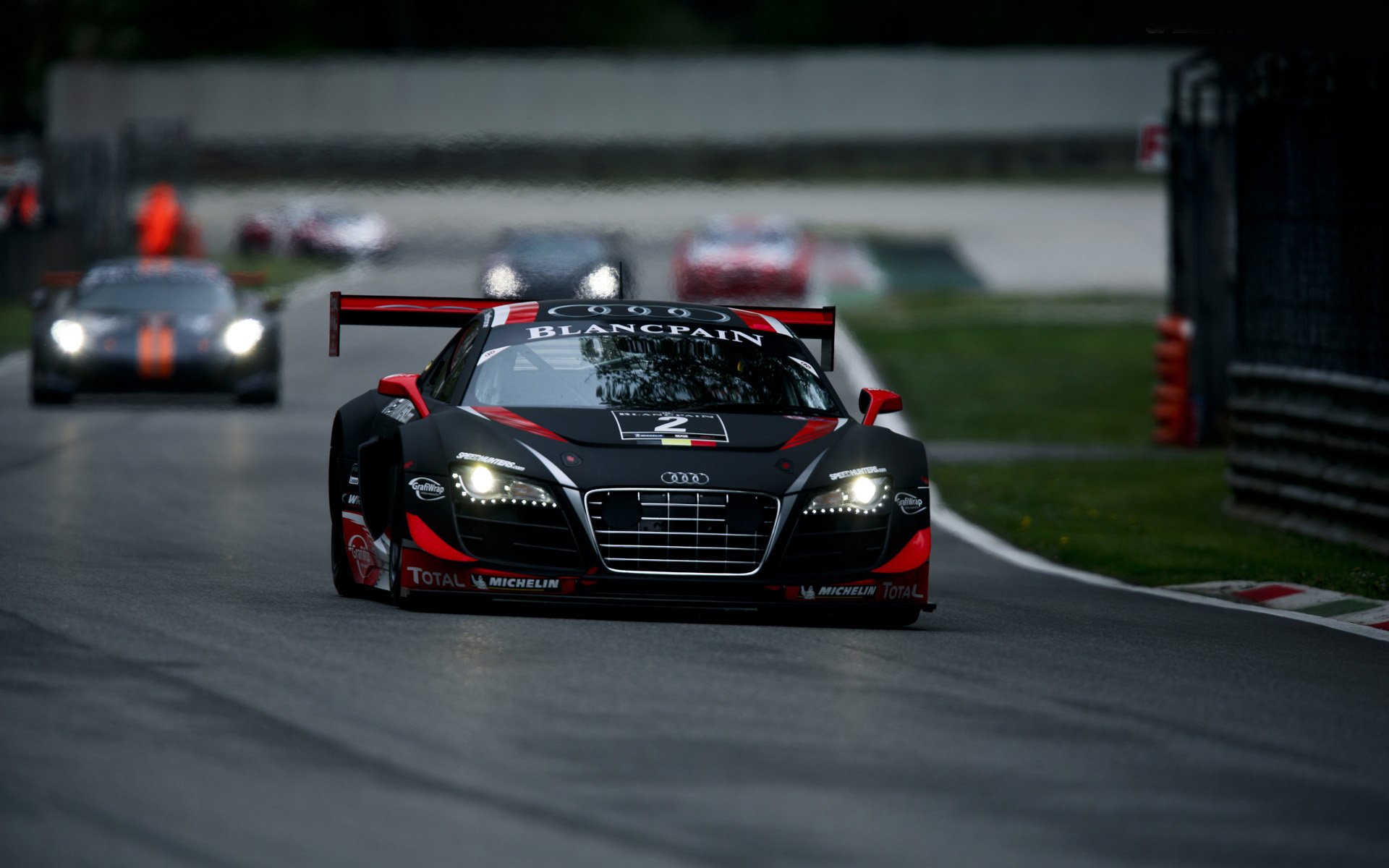 HD PC desktop wallpaper featuring an Audi race car competing in the Blancpain Endurance Series on a racetrack.