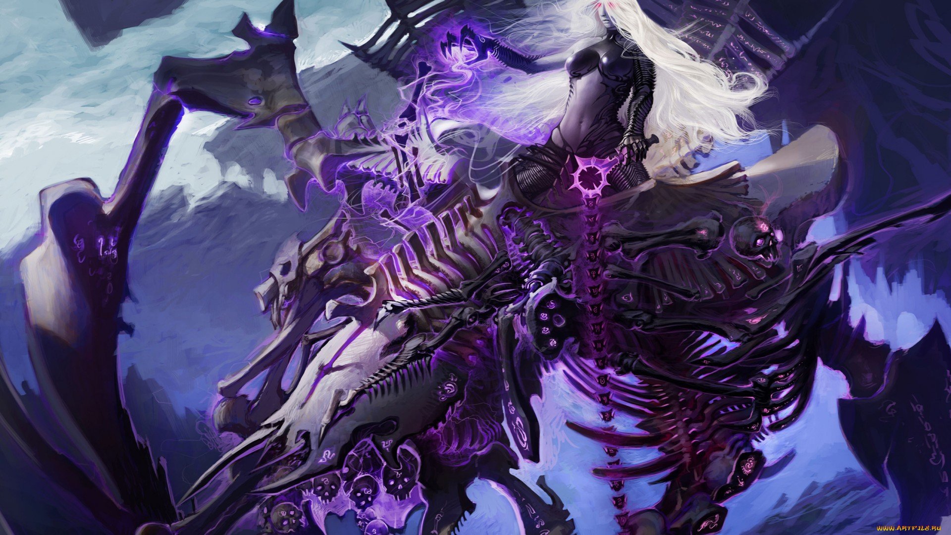 HD fantasy PC wallpaper featuring a fierce woman warrior with long white hair, clad in dark armor, wielding glowing purple magic atop a skeletal dragon.