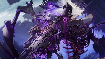 HD fantasy PC wallpaper featuring a fierce woman warrior with long white hair, clad in dark armor, wielding glowing purple magic atop a skeletal dragon.