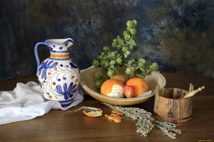Food still life: blue-and-white ceramic pitcher, bowl of citrus and peaches, orange peel, herbs and wooden cup against a dark backdrop — HD PC desktop wallpaper and background