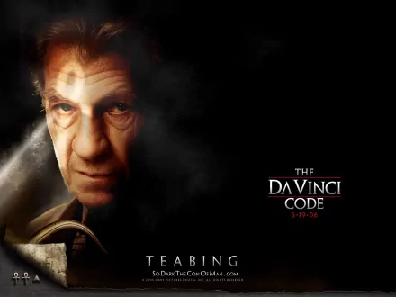 HD wallpaper featuring Ian McKellen in a dramatic pose from the movie The Da Vinci Code, with dark tones and the film's title prominently displayed.