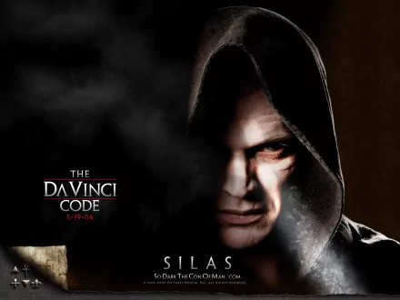 HD wallpaper featuring Silas from The Da Vinci Code, hooded intense gaze against a dark background.
