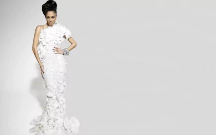 Music-themed HD desktop wallpaper: glamorous female singer in an ornate white gown posed at left against a soft gray background with generous negative space.