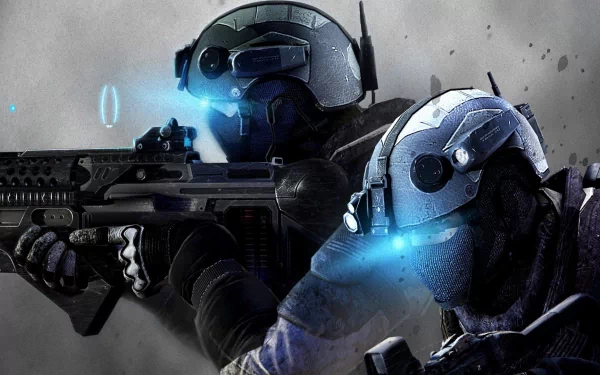 HD wallpaper featuring SWAT team members in tactical gear, poised with weapons and illuminated by glowing blue accents, set against a dramatic background.