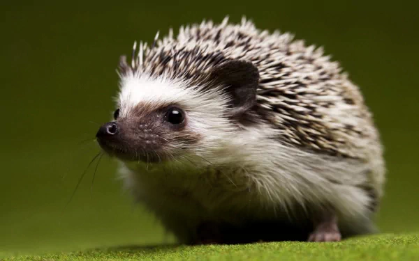 A close-up image of a hedgehog with distinctive spines, set against a soft green background, serving as a striking HD desktop wallpaper and background.