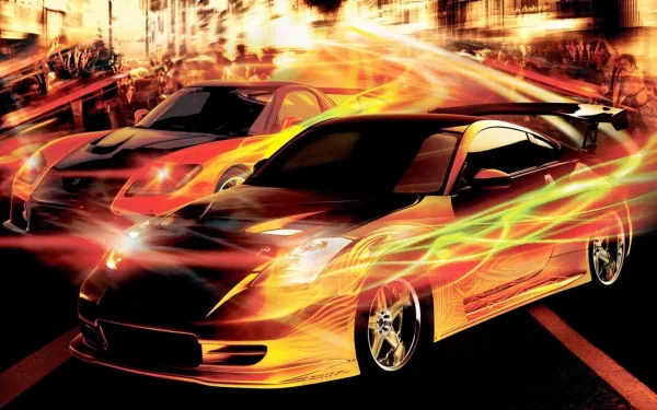 HD wallpaper featuring action-packed cars from The Fast and the Furious: Tokyo Drift, set against a vibrant, dynamic backdrop with streaks of light and motion.