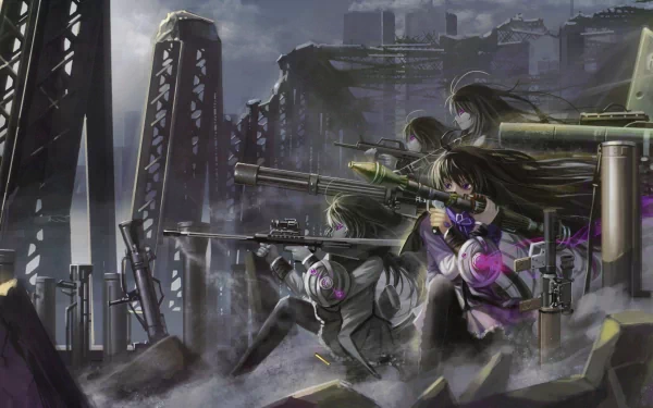 A dynamic HD wallpaper featuring Homura Akemi from *Puella Magi Madoka Magica*, showcasing her and allies amidst a dramatic, post-apocalyptic scene, armed and ready for battle.