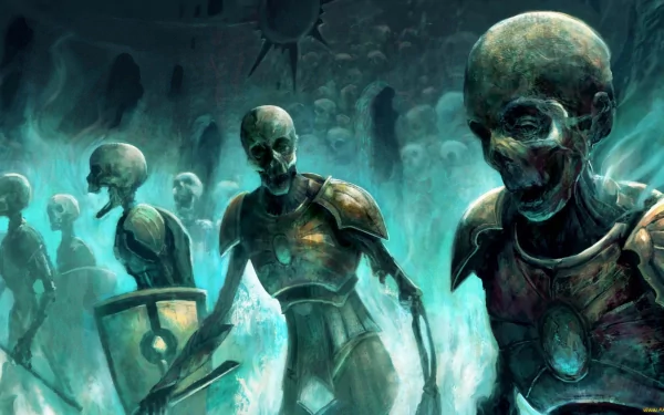 A haunting HD desktop wallpaper featuring skeletal warriors from Magic: The Gathering, emerging from an ethereal blue mist, embodying a dark fantasy theme.