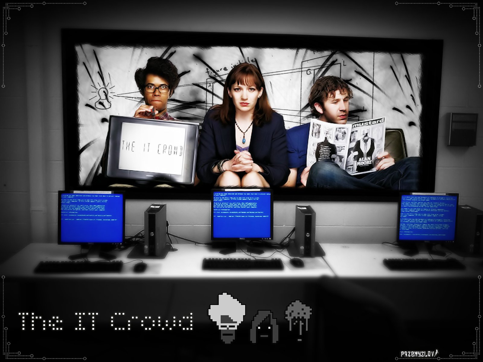 HD wallpaper of 'The IT Crowd' featuring Maurice Moss, Jen Barber, and Roy Trenneman in front of computers with the show's logo.