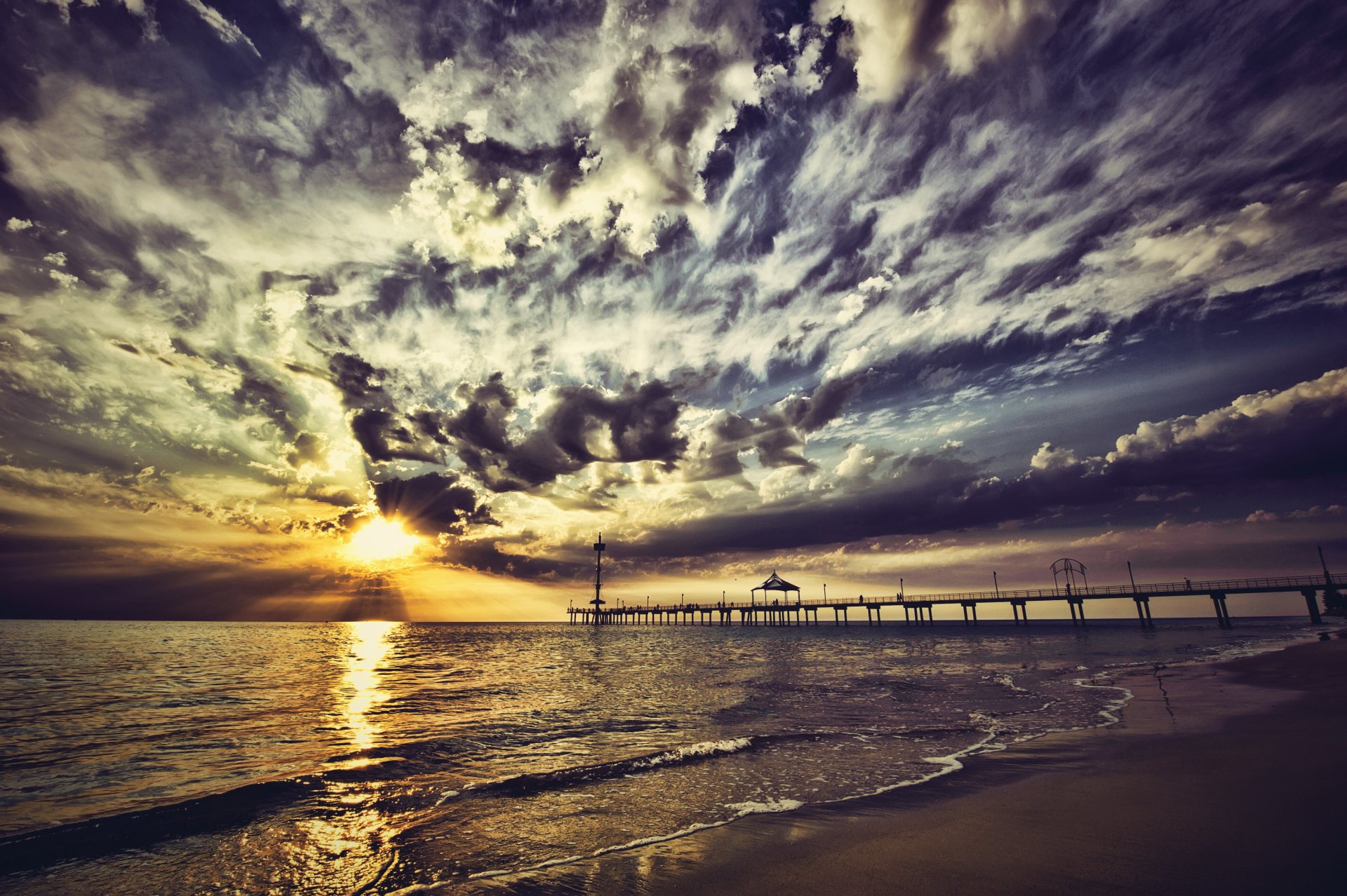 Download Sunlight Ocean Beach Cloud Sunset Man Made Pier 4k Ultra HD ...